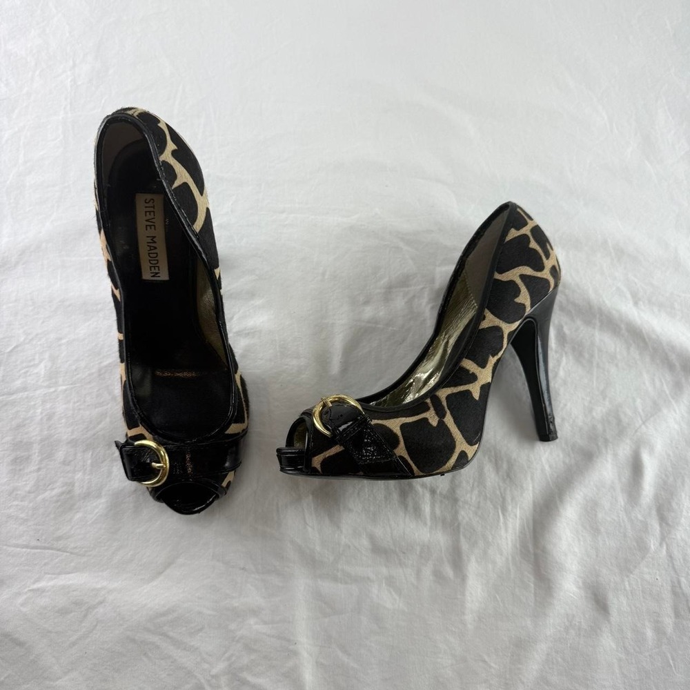 Steve Madden Lezlie Giraffe Print Peep Toe Faux Hair Heels Womens 7M Y2k
